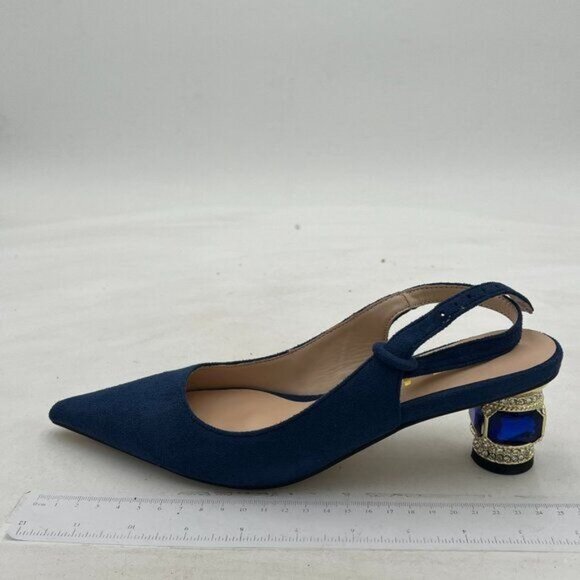 FSJ Women Pointed Toe Slingback Wedding Pumps Chunky Low Heel Rhinestone Sandals - Picture 3 of 8